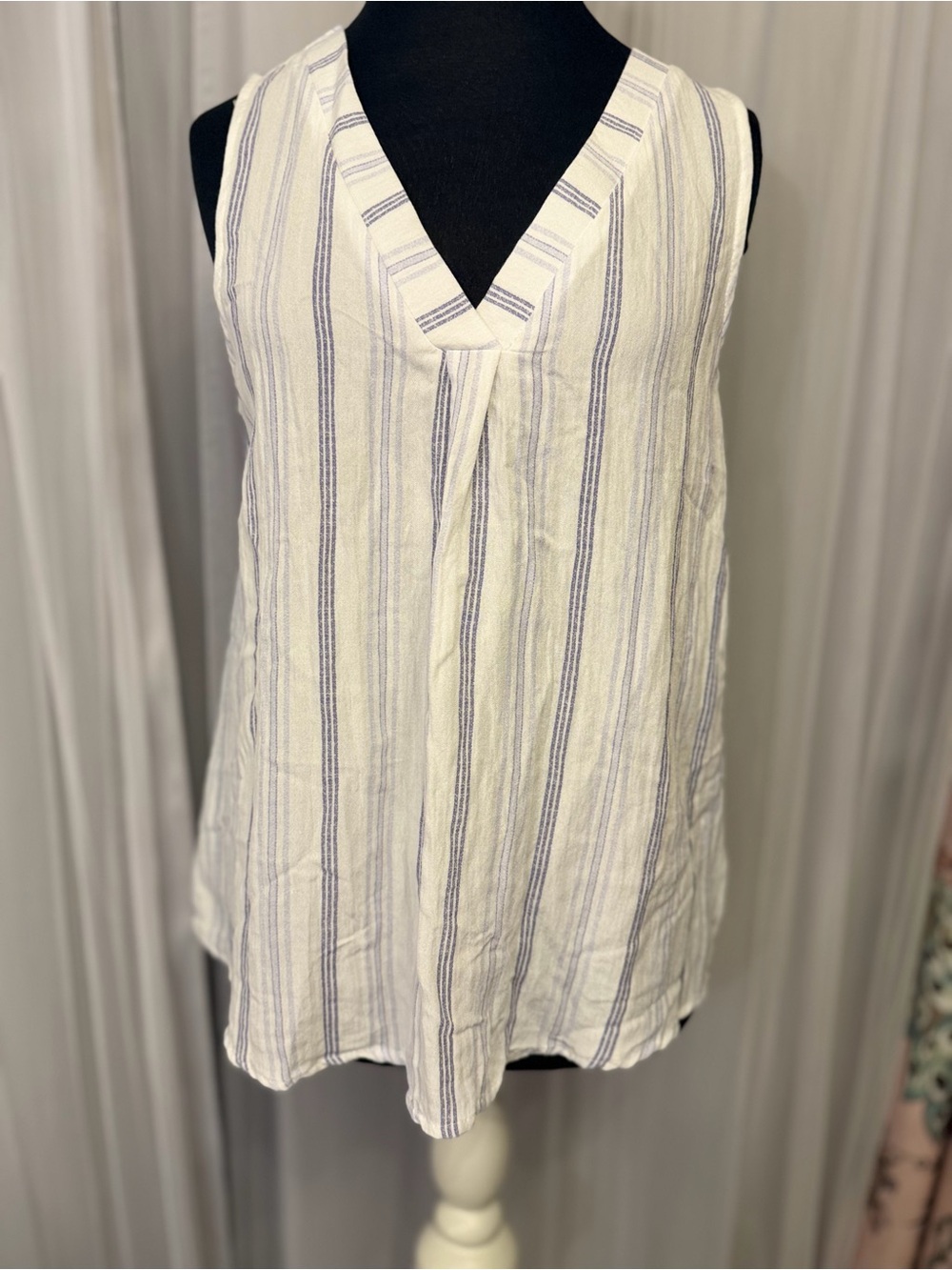 Blu Pepper Blue White Striped Sleeveless Blouse Small Button Back Coastal